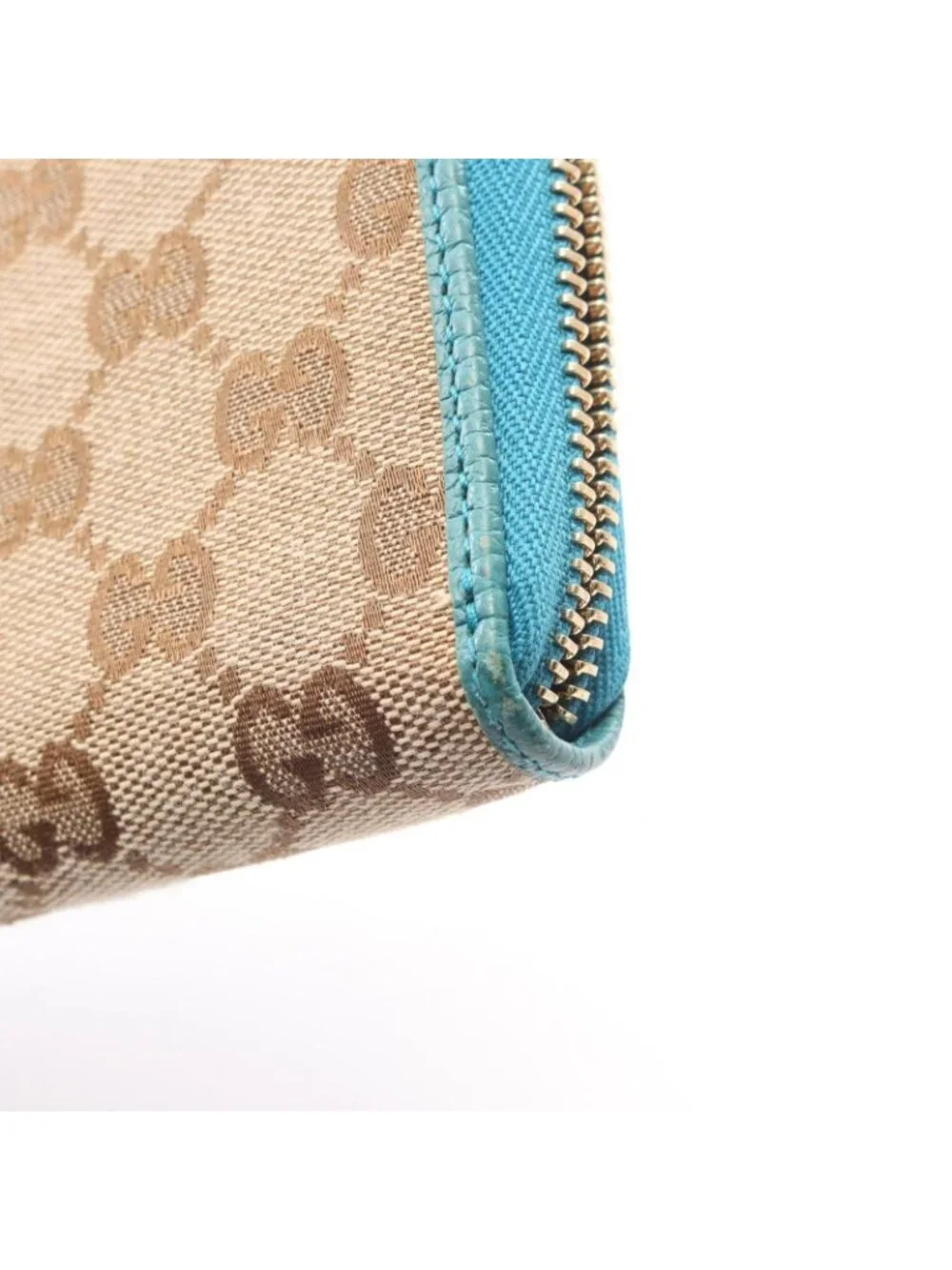 Gucci Round Length Wallet GG Canvas Beige Blue Zip Around